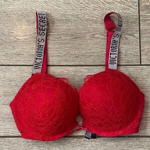 Victoria's Secret Red Lace Push-Up Bra with Crystal Logo Straps